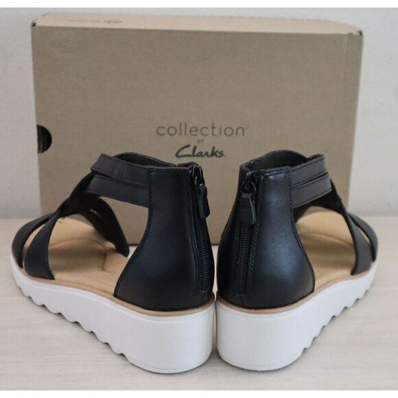 Collection x Clarks Wmn Sz 11 M Black Leather Jillian Bright Strappy Wedge Heels - Picture 3 of 12